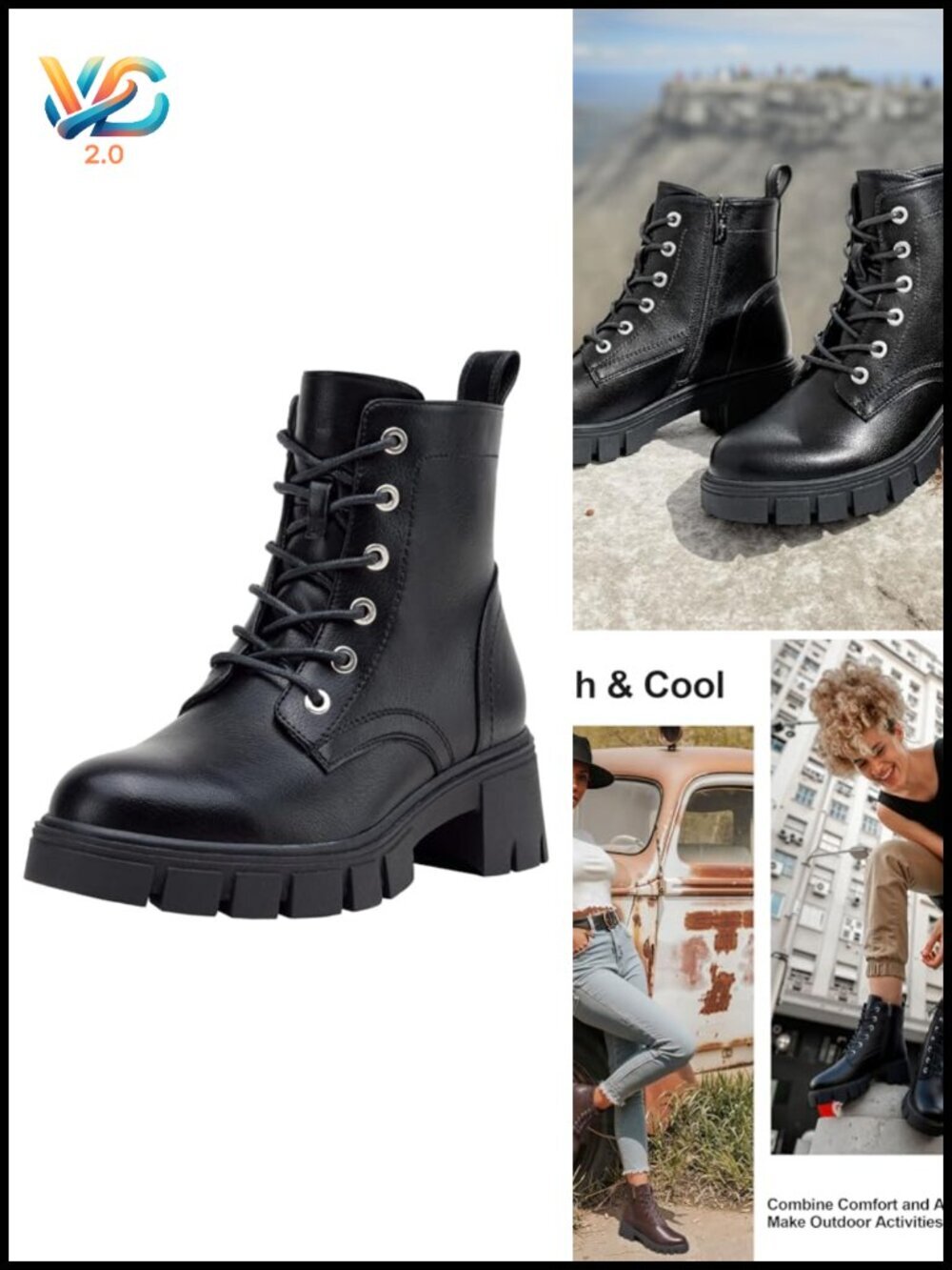 Combat Ankle Boots with Side Zipper, Chunky Heel Platform Booties